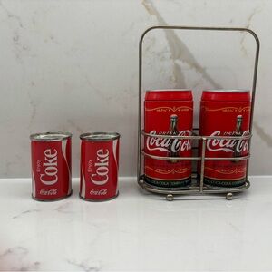 Pair of Vintage Coca Cola Red Can Salt and Pepper Shaker Sets One with Stand